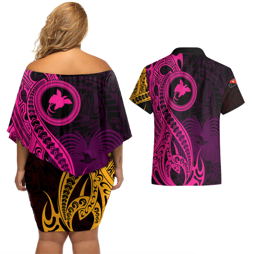 Papua New Guinea Island Couples Matching Off Shoulder Short Dress and Hawaiian Shirt Bird of Paradise with Gold Polynesian Tribal LT9 - Wonder Print Shop