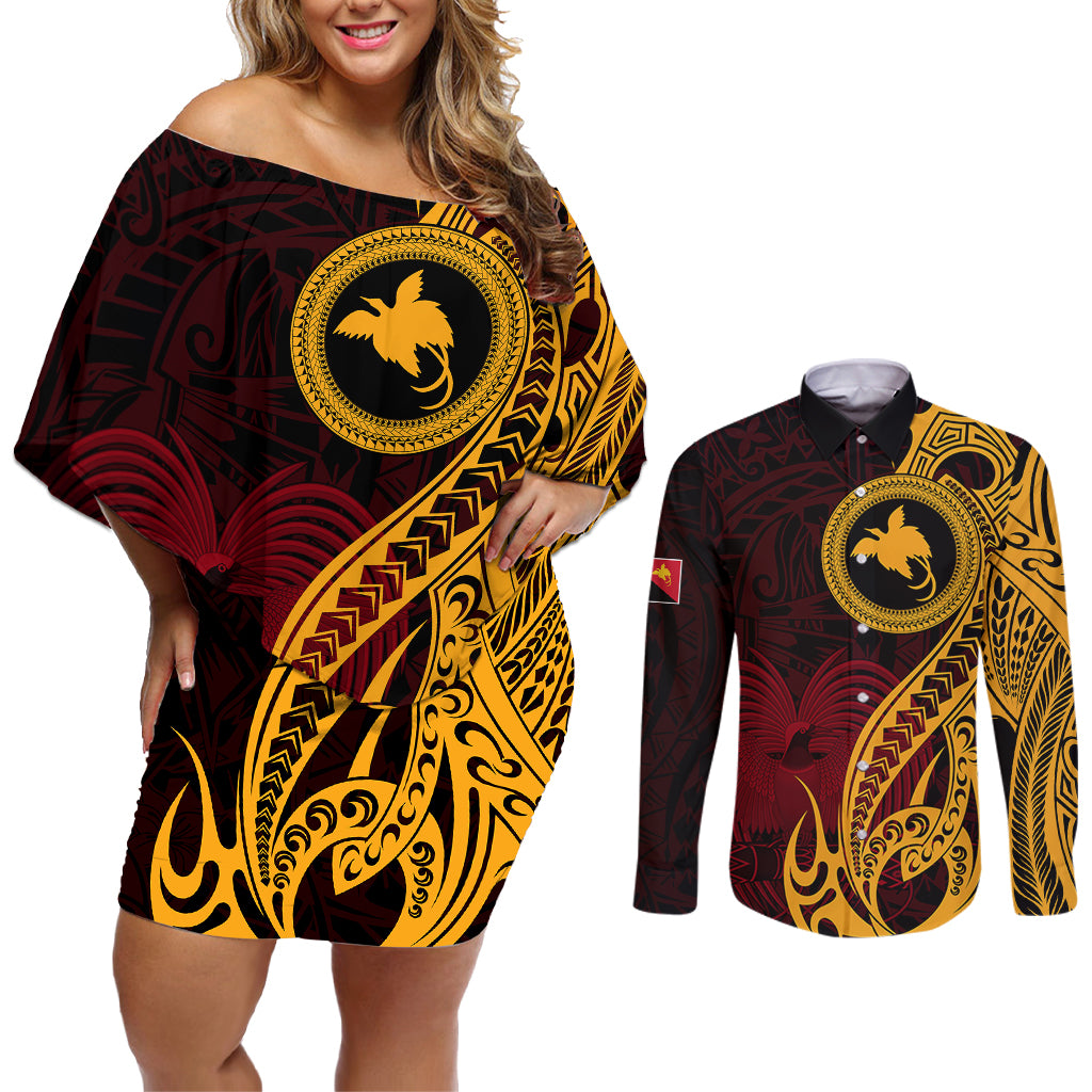 Papua New Guinea Island Couples Matching Off Shoulder Short Dress and Long Sleeve Button Shirts Bird of Paradise with Gold Polynesian Tribal LT9 - Wonder Print Shop