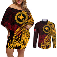 Papua New Guinea Island Couples Matching Off Shoulder Short Dress and Long Sleeve Button Shirts Bird of Paradise with Gold Polynesian Tribal LT9 - Wonder Print Shop