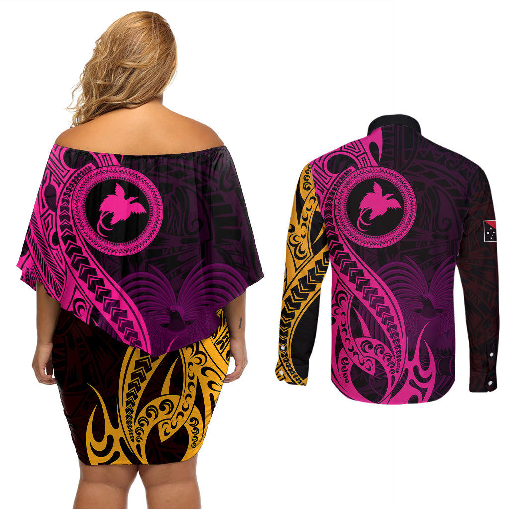 Papua New Guinea Island Couples Matching Off Shoulder Short Dress and Long Sleeve Button Shirts Bird of Paradise with Gold Polynesian Tribal LT9 - Wonder Print Shop