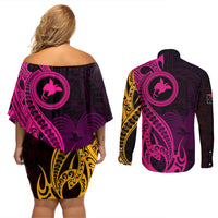 Papua New Guinea Island Couples Matching Off Shoulder Short Dress and Long Sleeve Button Shirts Bird of Paradise with Gold Polynesian Tribal LT9 - Wonder Print Shop