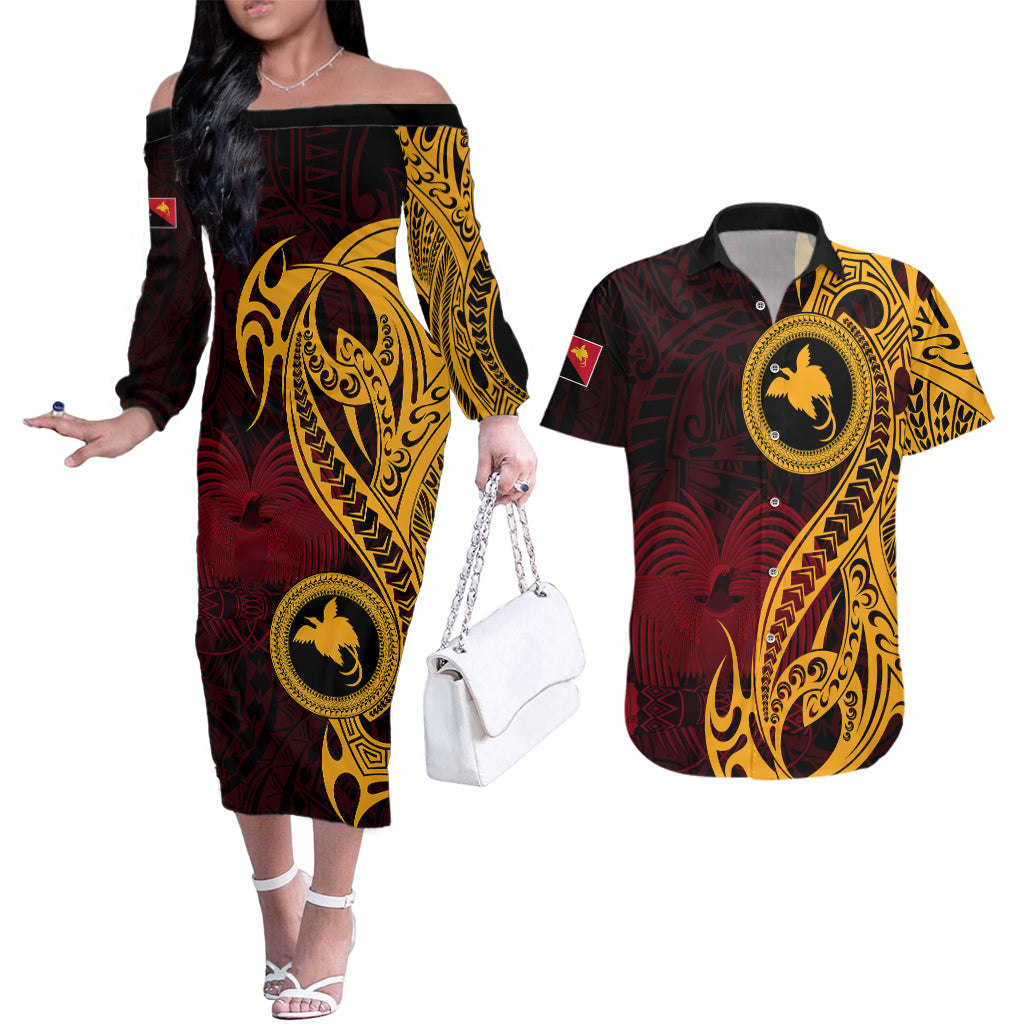 Papua New Guinea Island Couples Matching Off The Shoulder Long Sleeve Dress and Hawaiian Shirt Bird of Paradise with Gold Polynesian Tribal LT9 - Wonder Print Shop