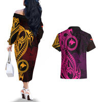 Papua New Guinea Island Couples Matching Off The Shoulder Long Sleeve Dress and Hawaiian Shirt Bird of Paradise with Gold Polynesian Tribal LT9 - Wonder Print Shop