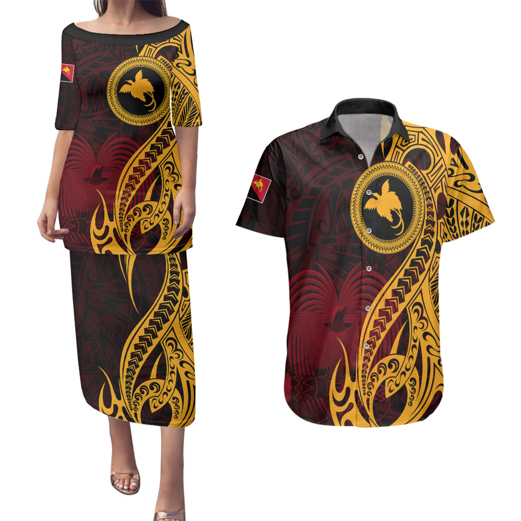 Papua New Guinea Island Couples Matching Puletasi Dress and Hawaiian Shirt Bird of Paradise with Gold Polynesian Tribal LT9 - Wonder Print Shop