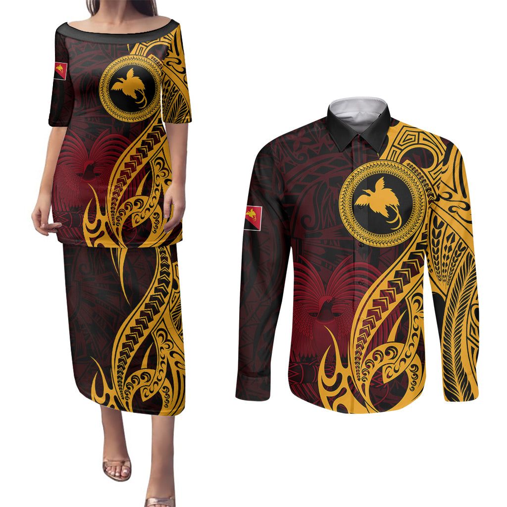 Papua New Guinea Island Couples Matching Puletasi Dress and Long Sleeve Button Shirts Bird of Paradise with Gold Polynesian Tribal LT9 - Wonder Print Shop