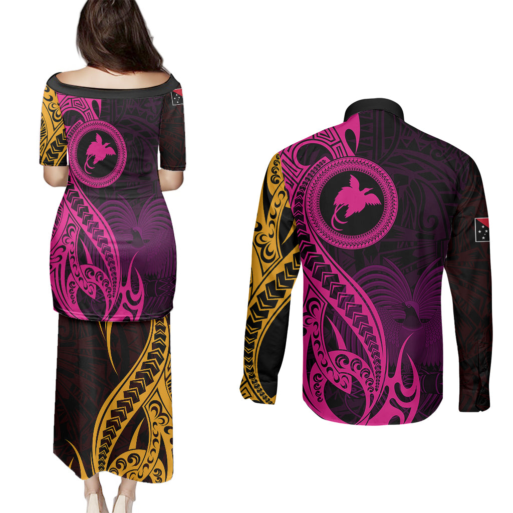 Papua New Guinea Island Couples Matching Puletasi Dress and Long Sleeve Button Shirts Bird of Paradise with Gold Polynesian Tribal LT9 - Wonder Print Shop