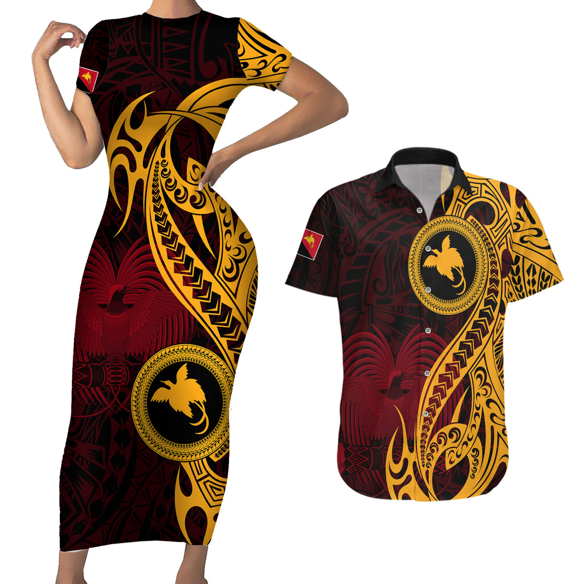 Papua New Guinea Island Couples Matching Short Sleeve Bodycon Dress and Hawaiian Shirt Bird of Paradise with Gold Polynesian Tribal LT9 - Wonder Print Shop