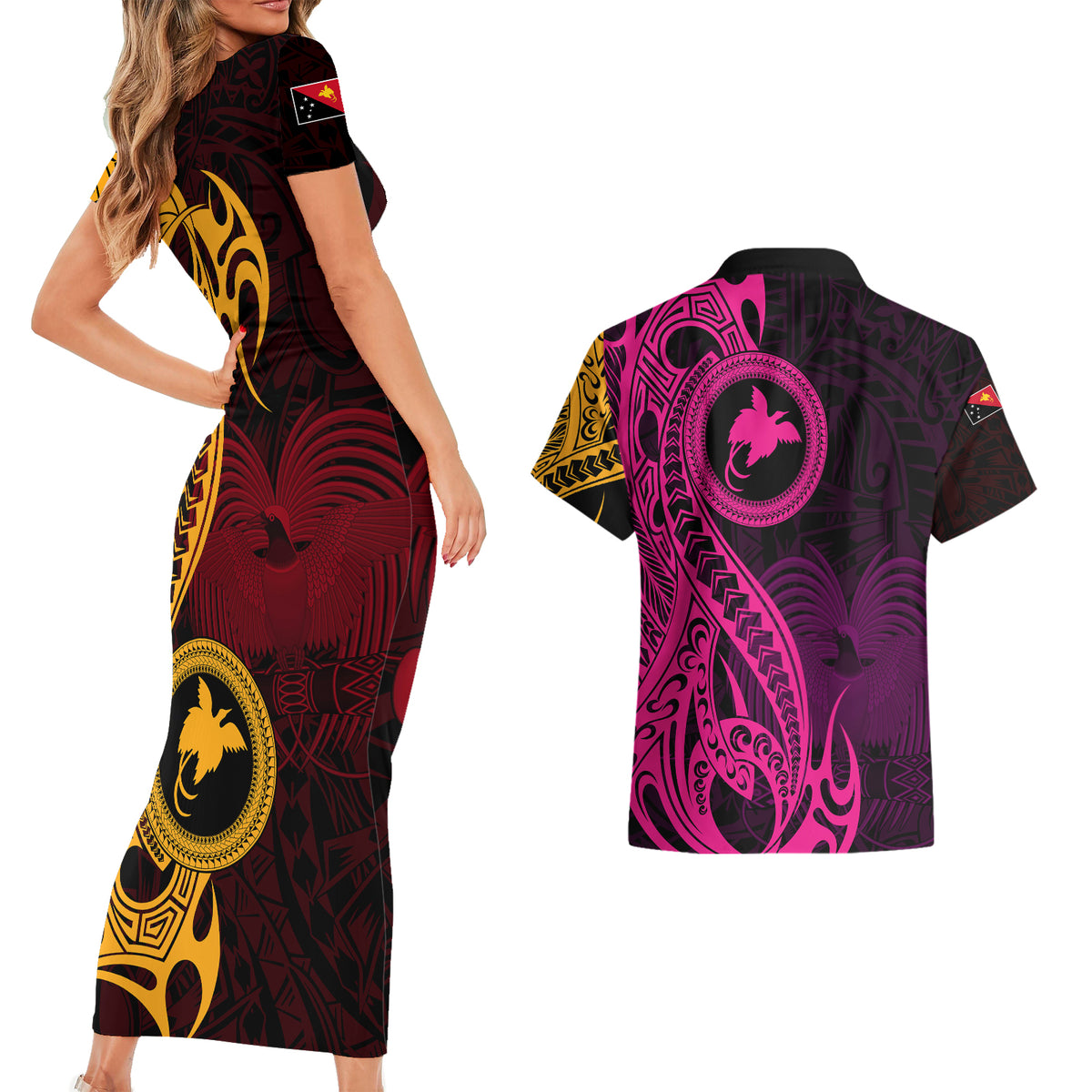 Papua New Guinea Island Couples Matching Short Sleeve Bodycon Dress and Hawaiian Shirt Bird of Paradise with Gold Polynesian Tribal LT9 - Wonder Print Shop