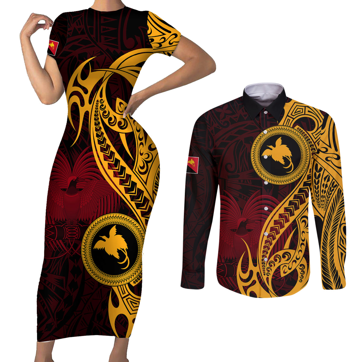 Papua New Guinea Island Couples Matching Short Sleeve Bodycon Dress and Long Sleeve Button Shirts Bird of Paradise with Gold Polynesian Tribal LT9 - Wonder Print Shop