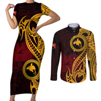 Papua New Guinea Island Couples Matching Short Sleeve Bodycon Dress and Long Sleeve Button Shirts Bird of Paradise with Gold Polynesian Tribal LT9 - Wonder Print Shop