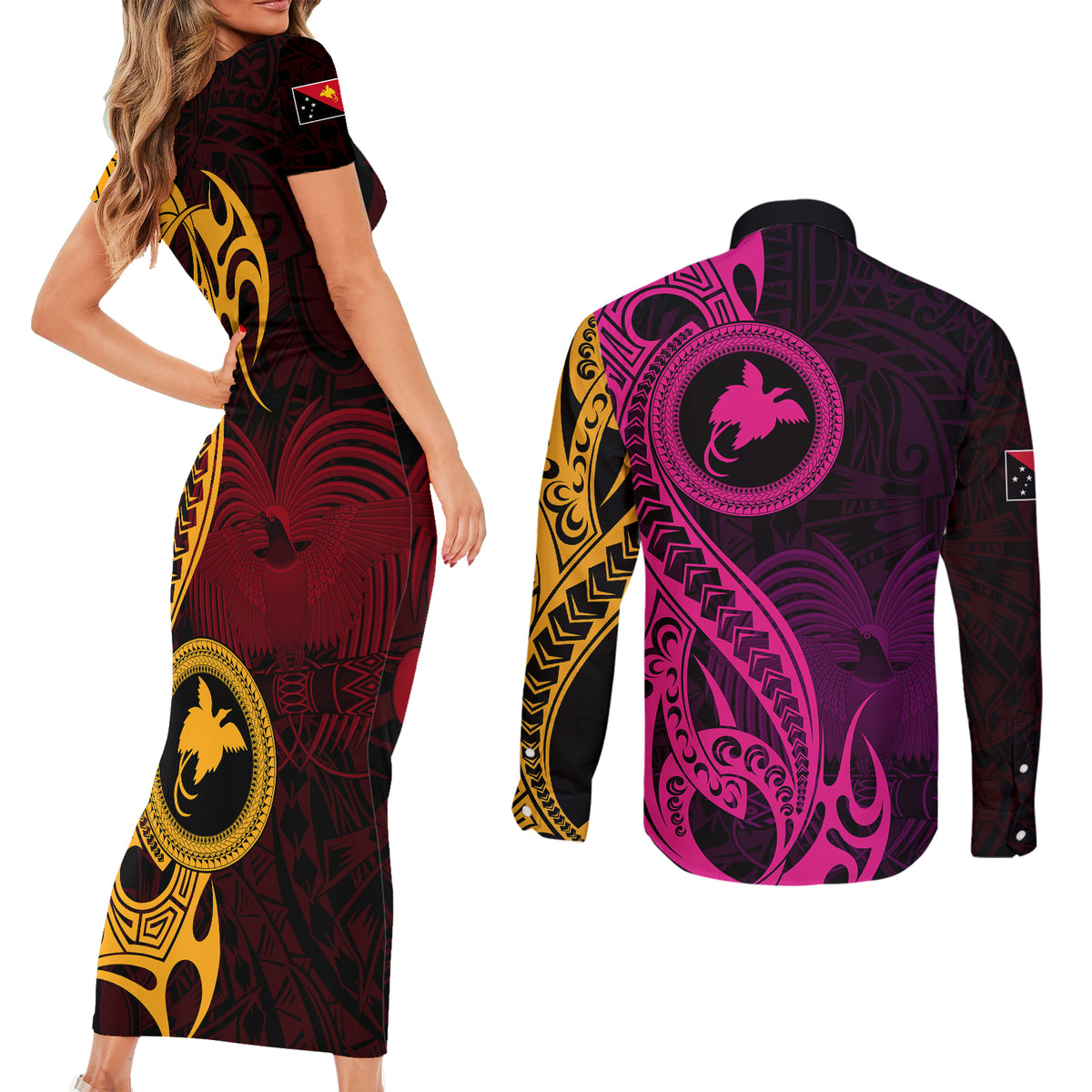 Papua New Guinea Island Couples Matching Short Sleeve Bodycon Dress and Long Sleeve Button Shirts Bird of Paradise with Gold Polynesian Tribal LT9 - Wonder Print Shop