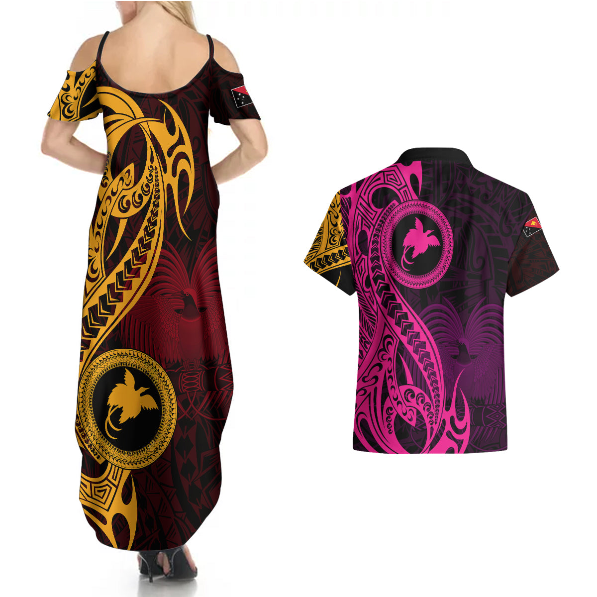 Papua New Guinea Island Couples Matching Summer Maxi Dress and Hawaiian Shirt Bird of Paradise with Gold Polynesian Tribal LT9 - Wonder Print Shop
