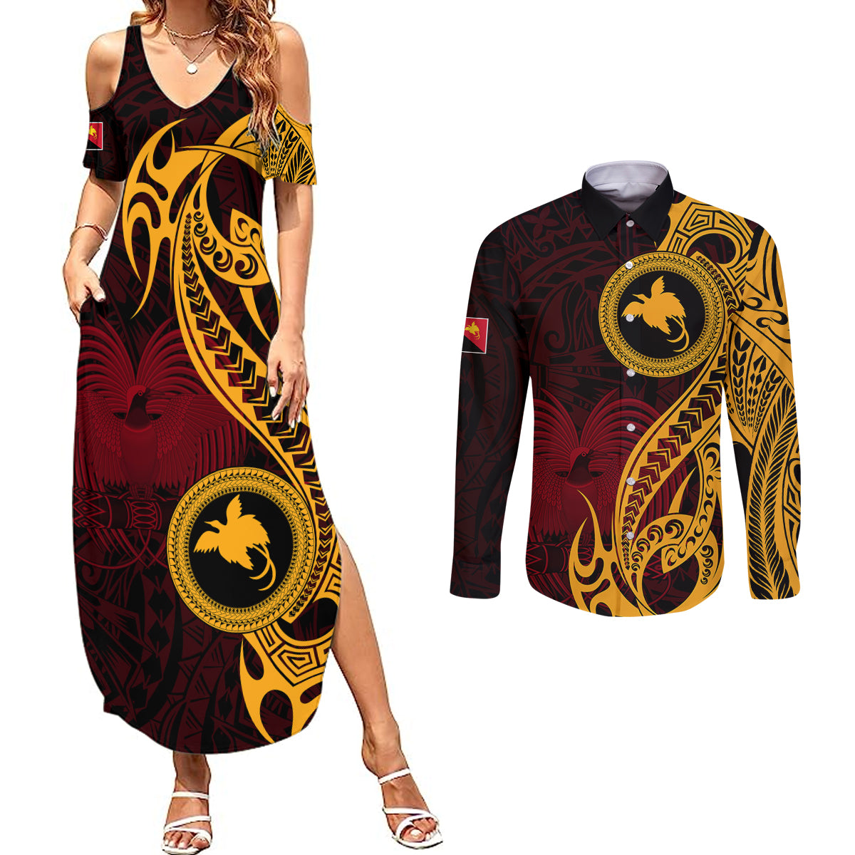Papua New Guinea Island Couples Matching Summer Maxi Dress and Long Sleeve Button Shirts Bird of Paradise with Gold Polynesian Tribal LT9 - Wonder Print Shop