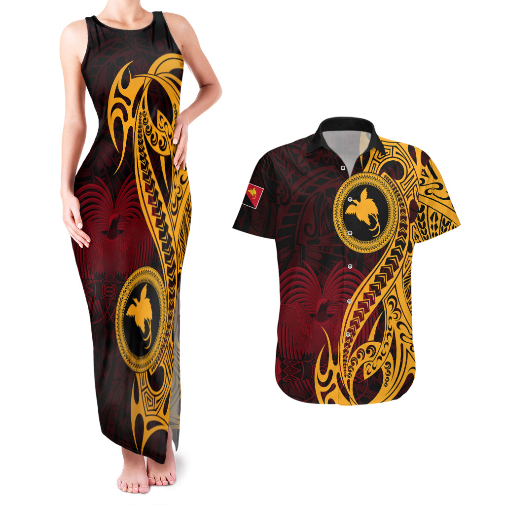 Papua New Guinea Island Couples Matching Tank Maxi Dress and Hawaiian Shirt Bird of Paradise with Gold Polynesian Tribal LT9 - Wonder Print Shop