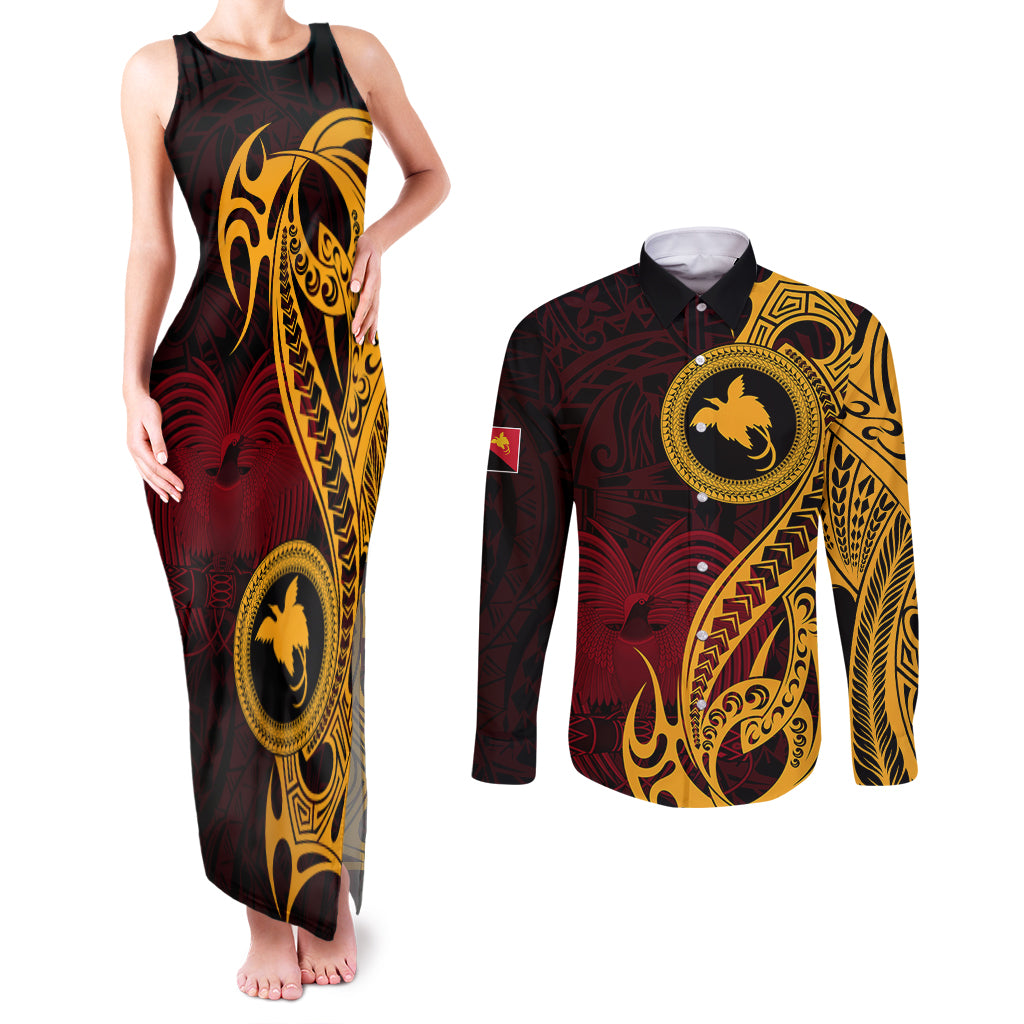 Papua New Guinea Island Couples Matching Tank Maxi Dress and Long Sleeve Button Shirts Bird of Paradise with Gold Polynesian Tribal LT9 - Wonder Print Shop