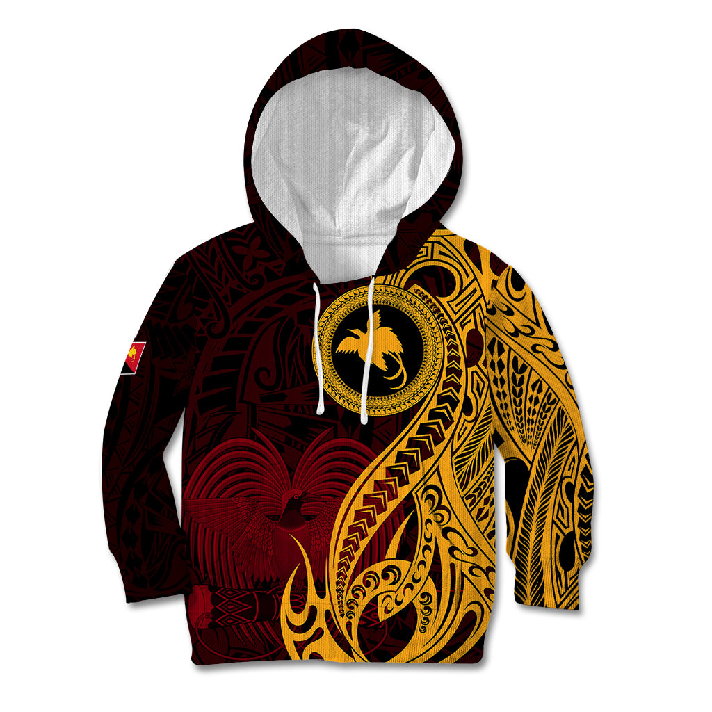 Papua New Guinea Island Kid Hoodie Bird of Paradise with Gold Polynesian Tribal - Wonder Print Shop