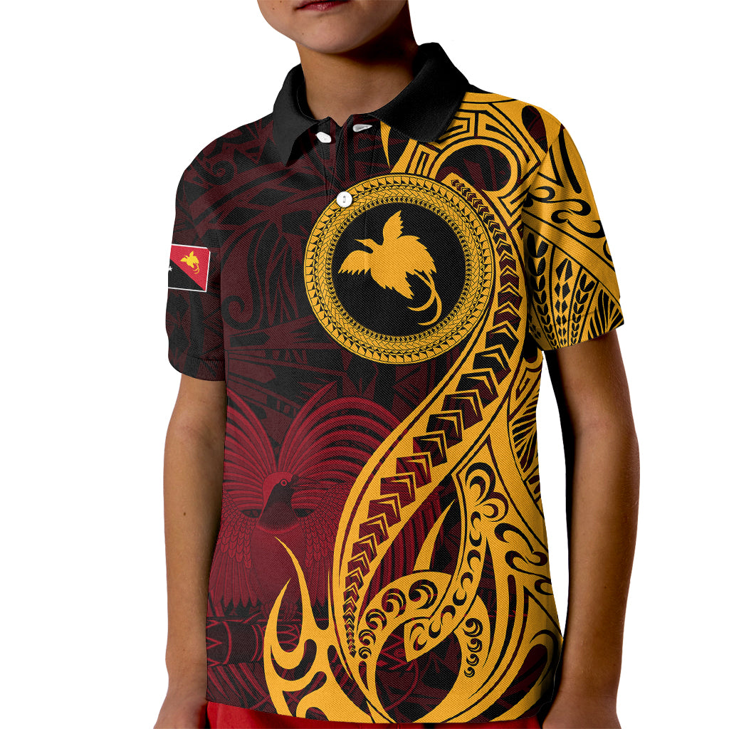 Papua New Guinea Island Kid Polo Shirt Bird of Paradise with Gold Polynesian Tribal - Wonder Print Shop