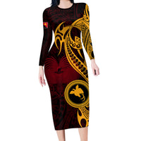 Papua New Guinea Island Long Sleeve Bodycon Dress Bird of Paradise with Gold Polynesian Tribal - Wonder Print Shop