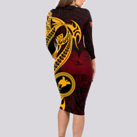 Papua New Guinea Island Long Sleeve Bodycon Dress Bird of Paradise with Gold Polynesian Tribal - Wonder Print Shop