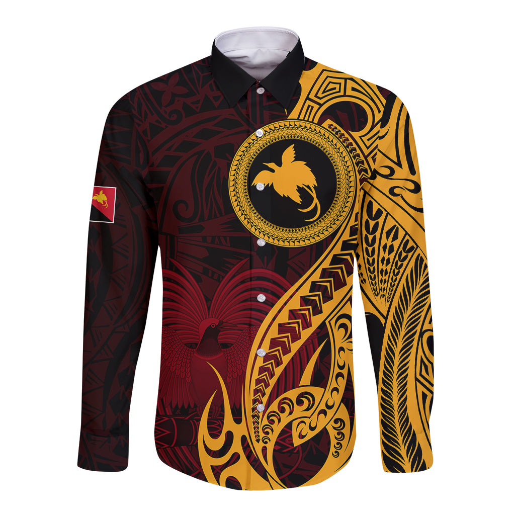 Papua New Guinea Island Long Sleeve Button Shirt Bird of Paradise with Gold Polynesian Tribal - Wonder Print Shop