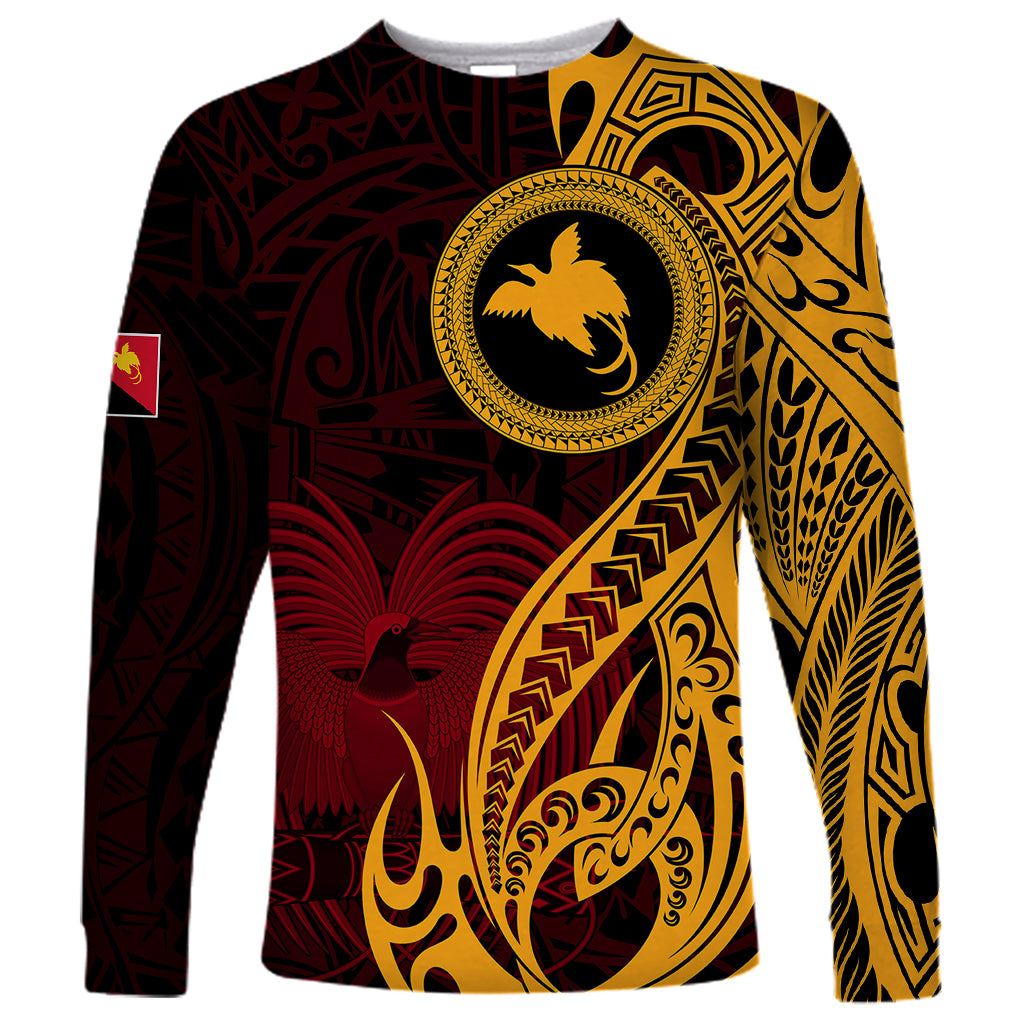 Papua New Guinea Island Long Sleeve Shirt Bird of Paradise with Gold Polynesian Tribal - Wonder Print Shop