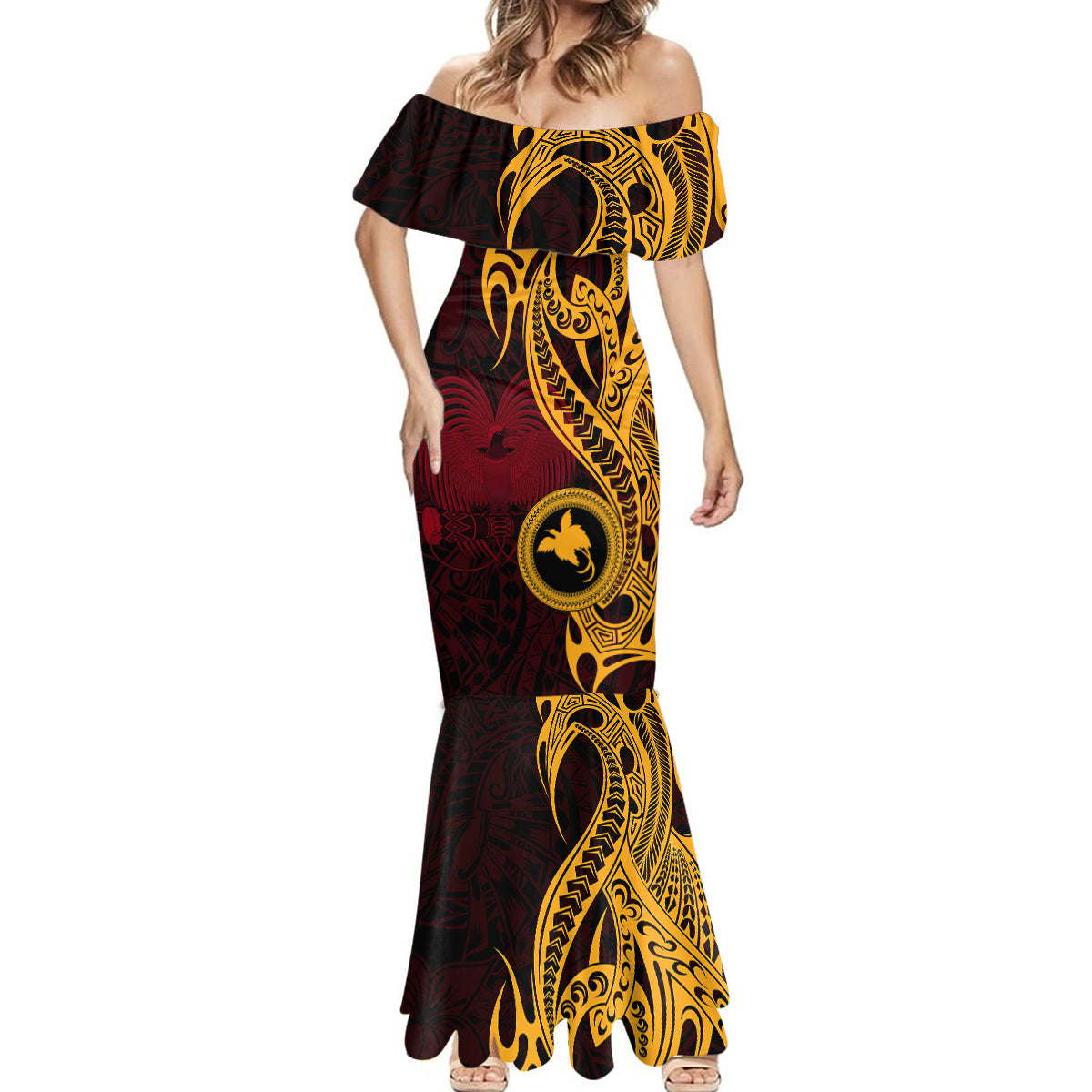 Papua New Guinea Island Mermaid Dress Bird of Paradise with Gold Polynesian Tribal - Wonder Print Shop