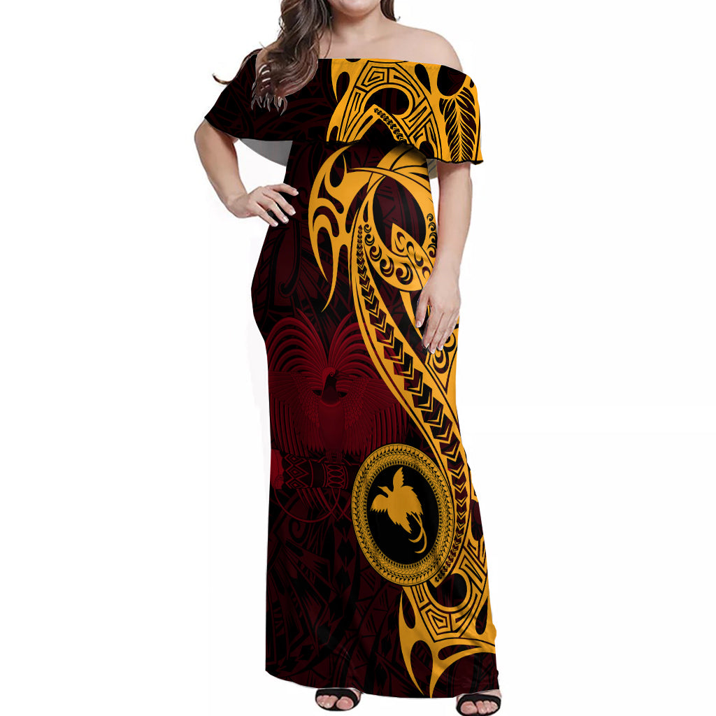 Papua New Guinea Island Off Shoulder Maxi Dress Bird of Paradise with Gold Polynesian Tribal - Wonder Print Shop