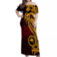 Papua New Guinea Island Off Shoulder Maxi Dress Bird of Paradise with Gold Polynesian Tribal - Wonder Print Shop