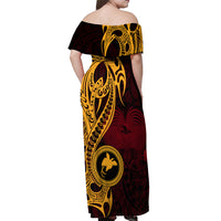 Papua New Guinea Island Off Shoulder Maxi Dress Bird of Paradise with Gold Polynesian Tribal - Wonder Print Shop