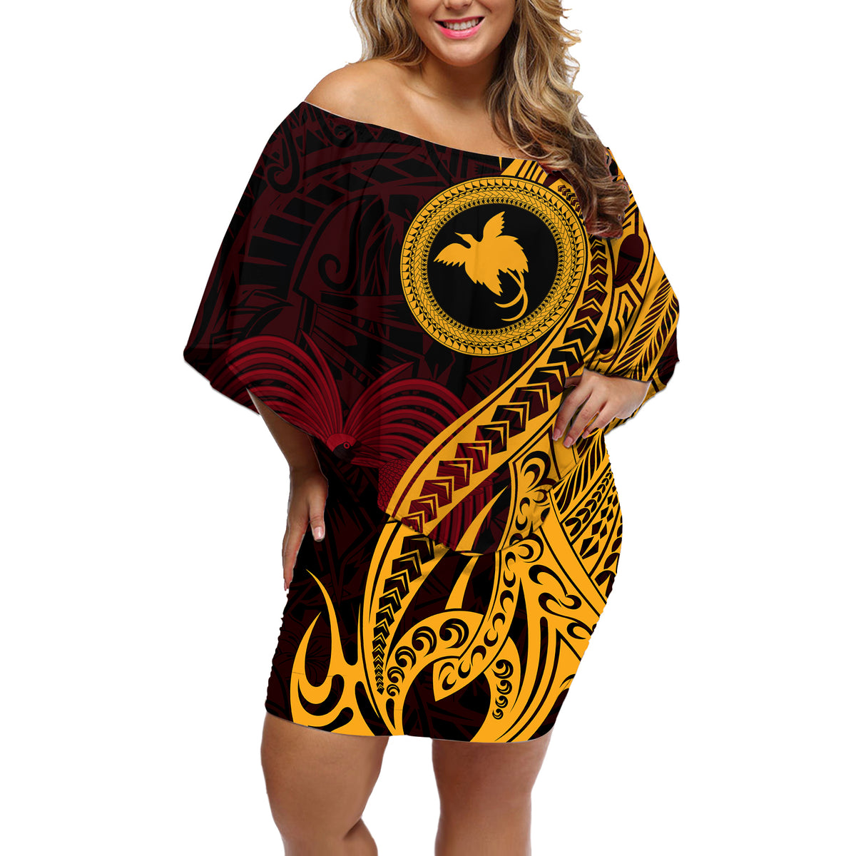 Papua New Guinea Island Off Shoulder Short Dress Bird of Paradise with Gold Polynesian Tribal - Wonder Print Shop