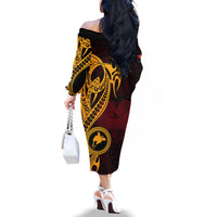 Papua New Guinea Island Off The Shoulder Long Sleeve Dress Bird of Paradise with Gold Polynesian Tribal - Wonder Print Shop