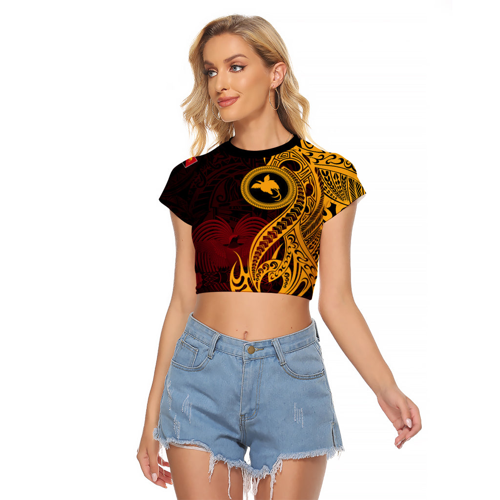 Papua New Guinea Island Raglan Cropped T Shirt Bird of Paradise with Gold Polynesian Tribal - Wonder Print Shop