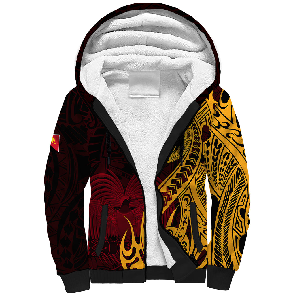 Papua New Guinea Island Sherpa Hoodie Bird of Paradise with Gold Polynesian Tribal - Wonder Print Shop