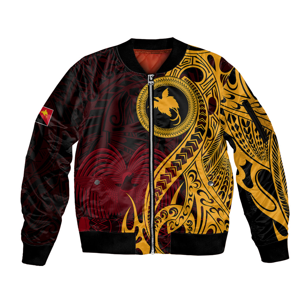 Papua New Guinea Island Sleeve Zip Bomber Jacket Bird of Paradise with Gold Polynesian Tribal - Wonder Print Shop