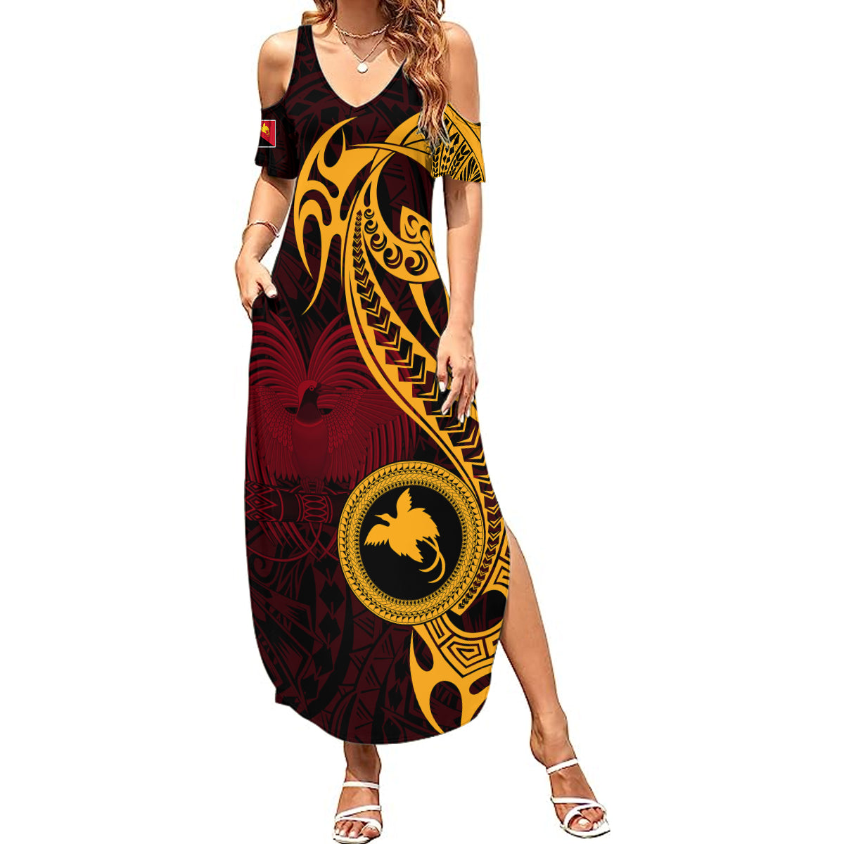 Papua New Guinea Island Summer Maxi Dress Bird of Paradise with Gold Polynesian Tribal - Wonder Print Shop