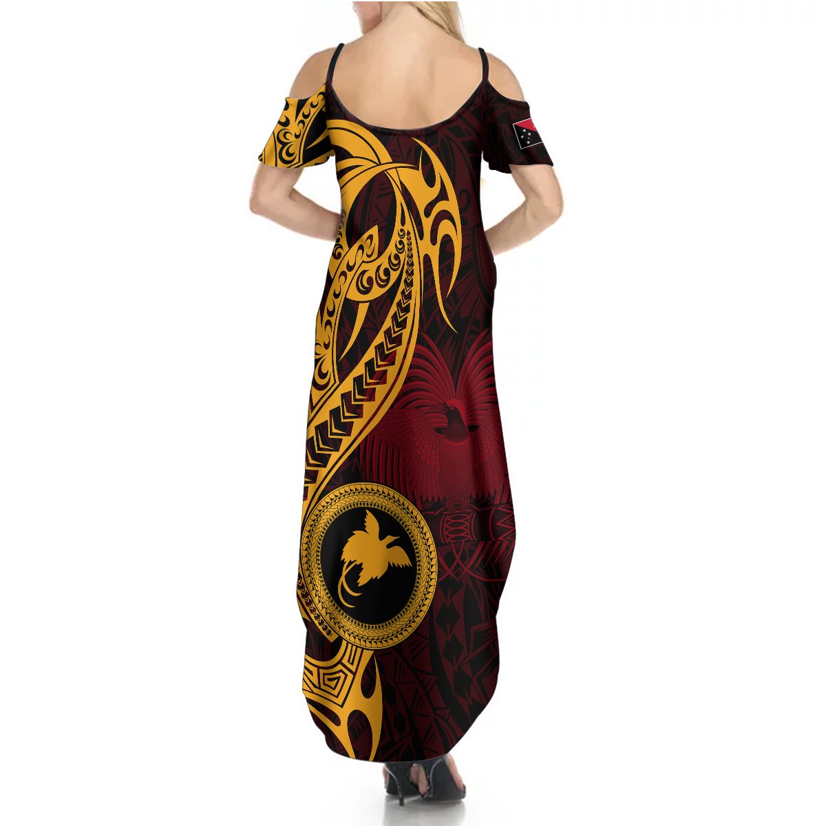 Papua New Guinea Island Summer Maxi Dress Bird of Paradise with Gold Polynesian Tribal - Wonder Print Shop