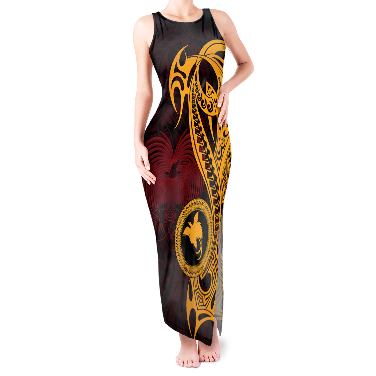 Papua New Guinea Island Tank Maxi Dress Bird of Paradise with Gold Polynesian Tribal - Wonder Print Shop