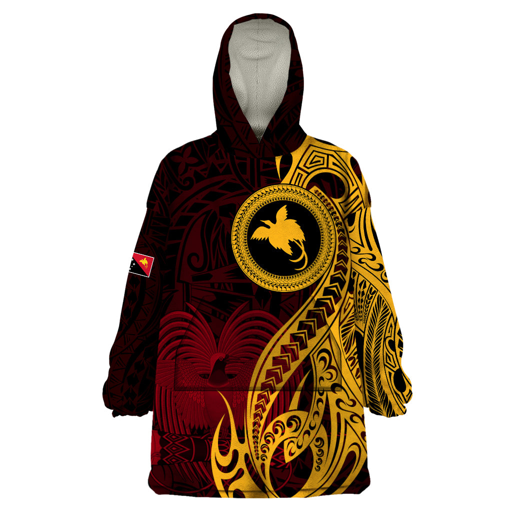 Papua New Guinea Island Wearable Blanket Hoodie Bird of Paradise with Gold Polynesian Tribal - Wonder Print Shop