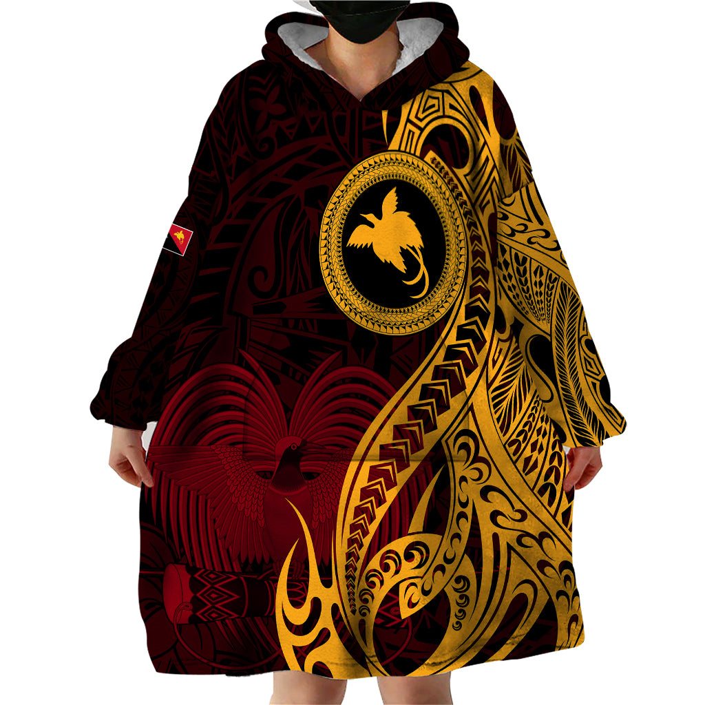 Papua New Guinea Island Wearable Blanket Hoodie Bird of Paradise with Gold Polynesian Tribal - Wonder Print Shop