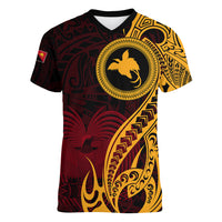 Papua New Guinea Island Women V Neck T Shirt Bird of Paradise with Gold Polynesian Tribal - Wonder Print Shop
