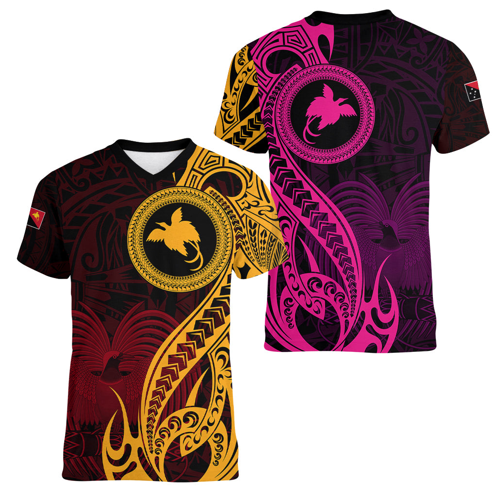 Papua New Guinea Island Women V Neck T Shirt Bird of Paradise with Gold Polynesian Tribal - Wonder Print Shop