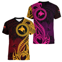 Papua New Guinea Island Women V Neck T Shirt Bird of Paradise with Gold Polynesian Tribal - Wonder Print Shop