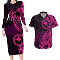 Papua New Guinea Island Couples Matching Long Sleeve Bodycon Dress and Hawaiian Shirt Bird of Paradise with Pink Polynesian Tribal LT9 - Wonder Print Shop