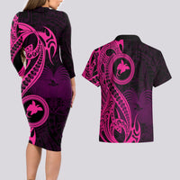 Papua New Guinea Island Couples Matching Long Sleeve Bodycon Dress and Hawaiian Shirt Bird of Paradise with Pink Polynesian Tribal LT9 - Wonder Print Shop