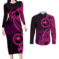 Papua New Guinea Island Couples Matching Long Sleeve Bodycon Dress and Long Sleeve Button Shirts Bird of Paradise with Pink Polynesian Tribal LT9 - Wonder Print Shop