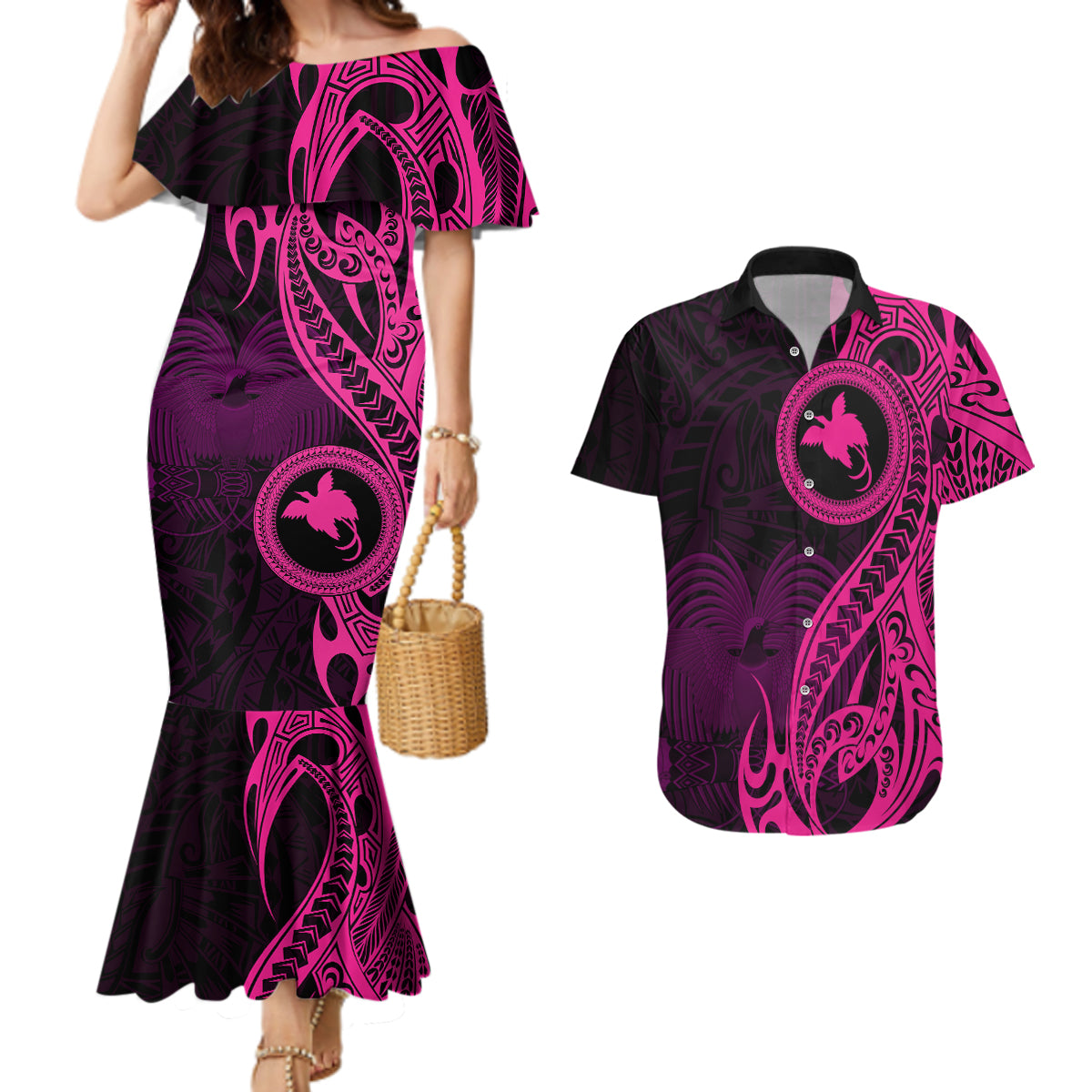 Papua New Guinea Island Couples Matching Mermaid Dress and Hawaiian Shirt Bird of Paradise with Pink Polynesian Tribal LT9 - Wonder Print Shop