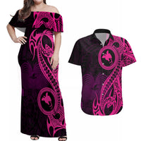Papua New Guinea Island Couples Matching Off Shoulder Maxi Dress and Hawaiian Shirt Bird of Paradise with Pink Polynesian Tribal LT9 - Wonder Print Shop