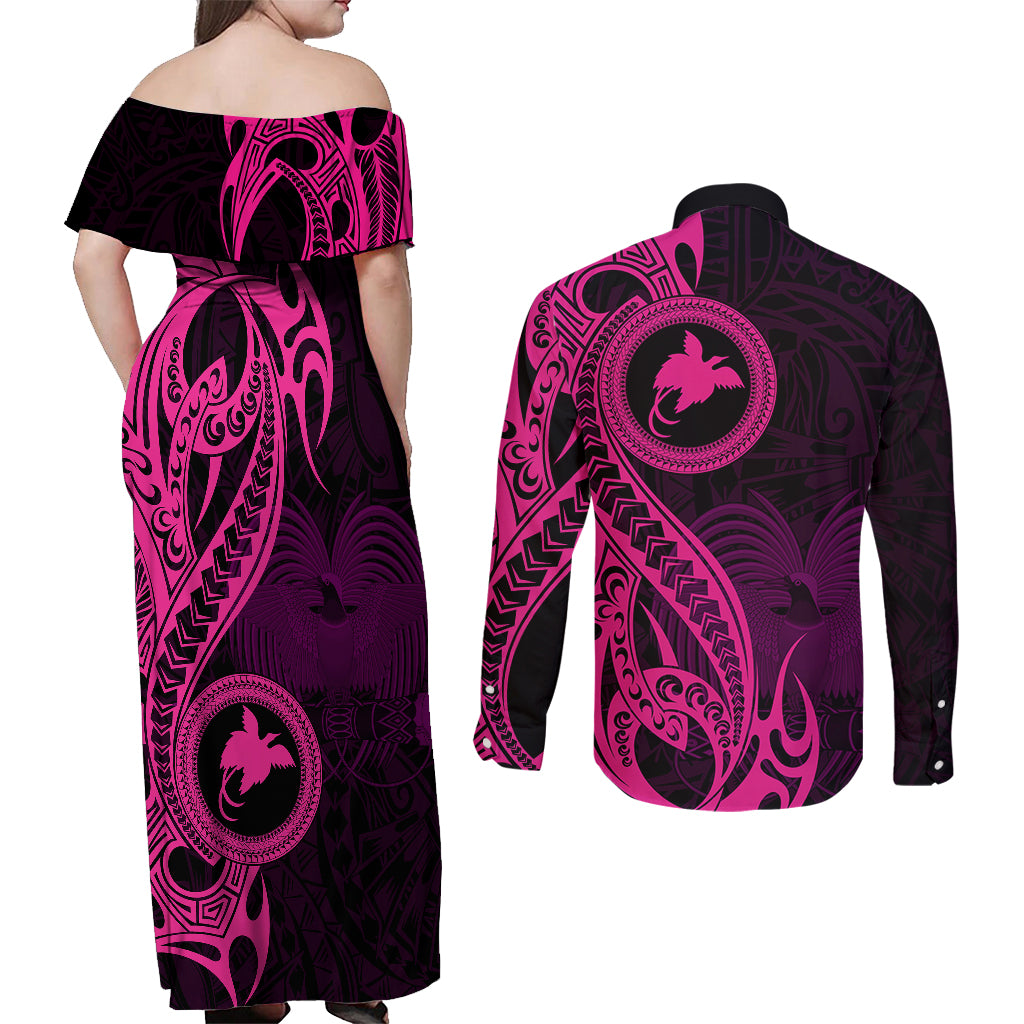 Papua New Guinea Island Couples Matching Off Shoulder Maxi Dress and Long Sleeve Button Shirts Bird of Paradise with Pink Polynesian Tribal LT9 - Wonder Print Shop