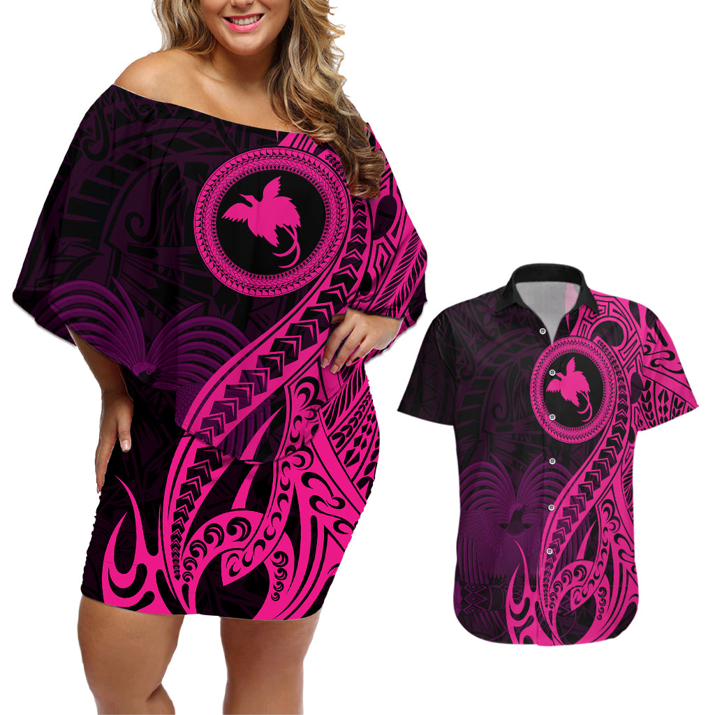 Papua New Guinea Island Couples Matching Off Shoulder Short Dress and Hawaiian Shirt Bird of Paradise with Pink Polynesian Tribal LT9 - Wonder Print Shop