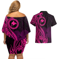 Papua New Guinea Island Couples Matching Off Shoulder Short Dress and Hawaiian Shirt Bird of Paradise with Pink Polynesian Tribal LT9 - Wonder Print Shop
